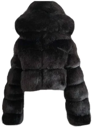 Womens Fluffy Faux Fur Coats Fashion Luxury Thick Warm Cropped Hooded Jacket Plus Size Stitching Fur Cardigan Coat