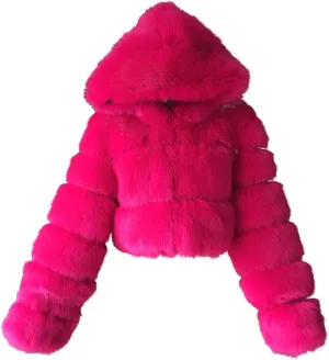 Womens Fluffy Faux Fur Coats Fashion Luxury Thick Warm Cropped Hooded Jacket Plus Size Stitching Fur Cardigan Coat
