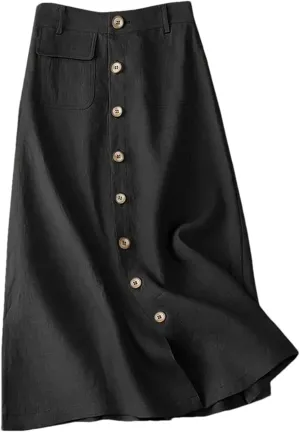 Women's High Waist Cotton Midi Skirt - Button Front A-Line Elastic Waist Solid Color Casual for Office Daily Wear