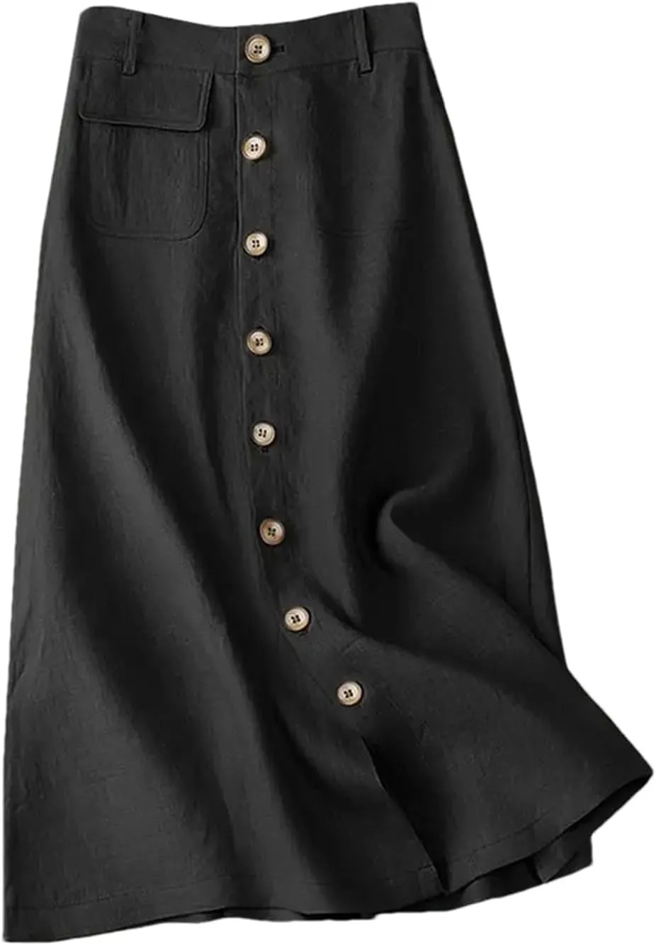 Women's High Waist Cotton Midi Skirt - Button Front A-Line Elastic Waist Solid Color Casual for Office Daily Wear