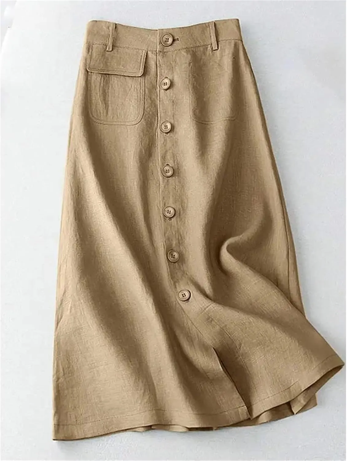 Women's High Waist Cotton Midi Skirt - Button Front A-Line Elastic Waist Solid Color Casual for Office Daily Wear