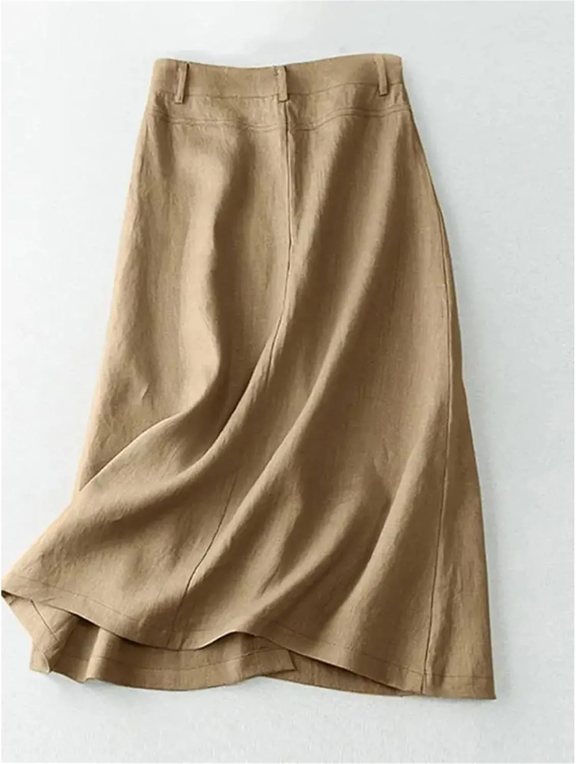 Women's High Waist Cotton Midi Skirt - Button Front A-Line Elastic Waist Solid Color Casual for Office Daily Wear