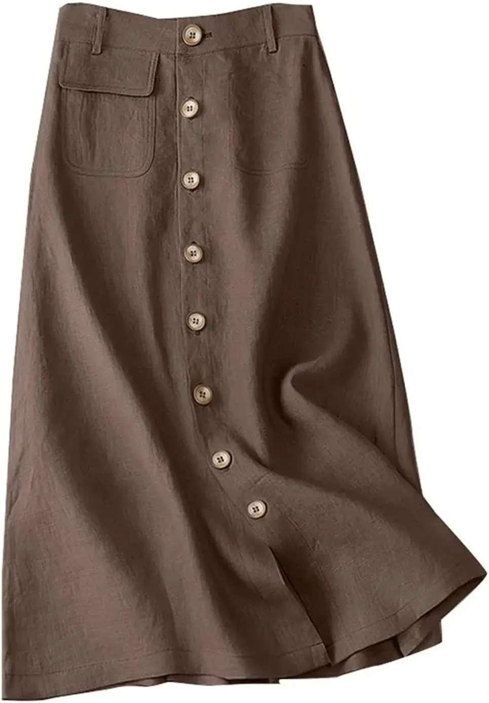 Women's High Waist Cotton Midi Skirt - Button Front A-Line Elastic Waist Solid Color Casual for Office Daily Wear