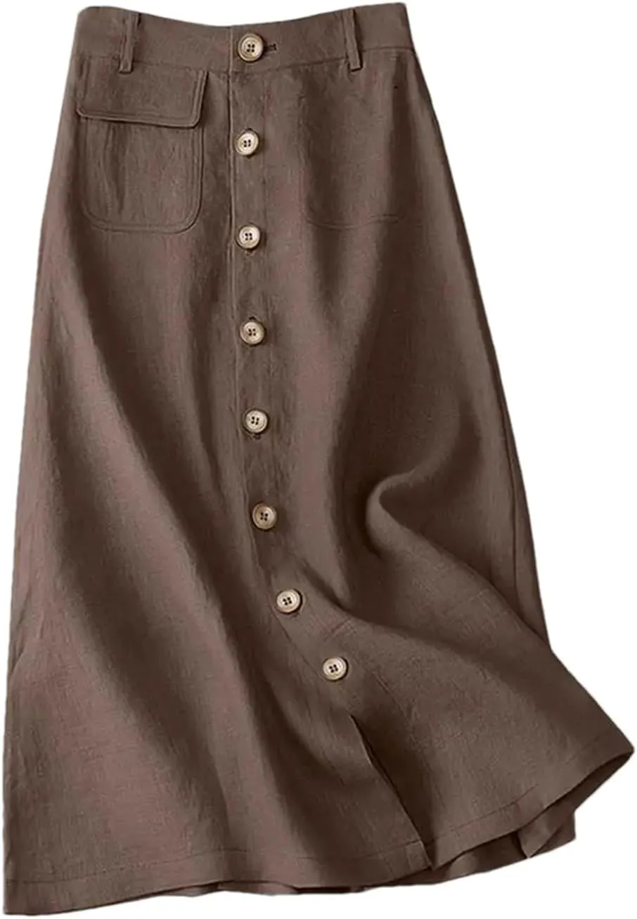 Women's High Waist Cotton Midi Skirt - Button Front A-Line Elastic Waist Solid Color Casual for Office Daily Wear