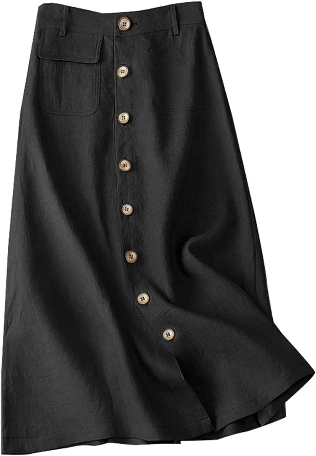 Women's High Waist Cotton Midi Skirt - Button Front A-Line Elastic Waist Solid Color Casual for Office Daily Wear