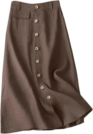 Women's High Waist Cotton Midi Skirt - Button Front A-Line Elastic Waist Solid Color Casual for Office Daily Wear