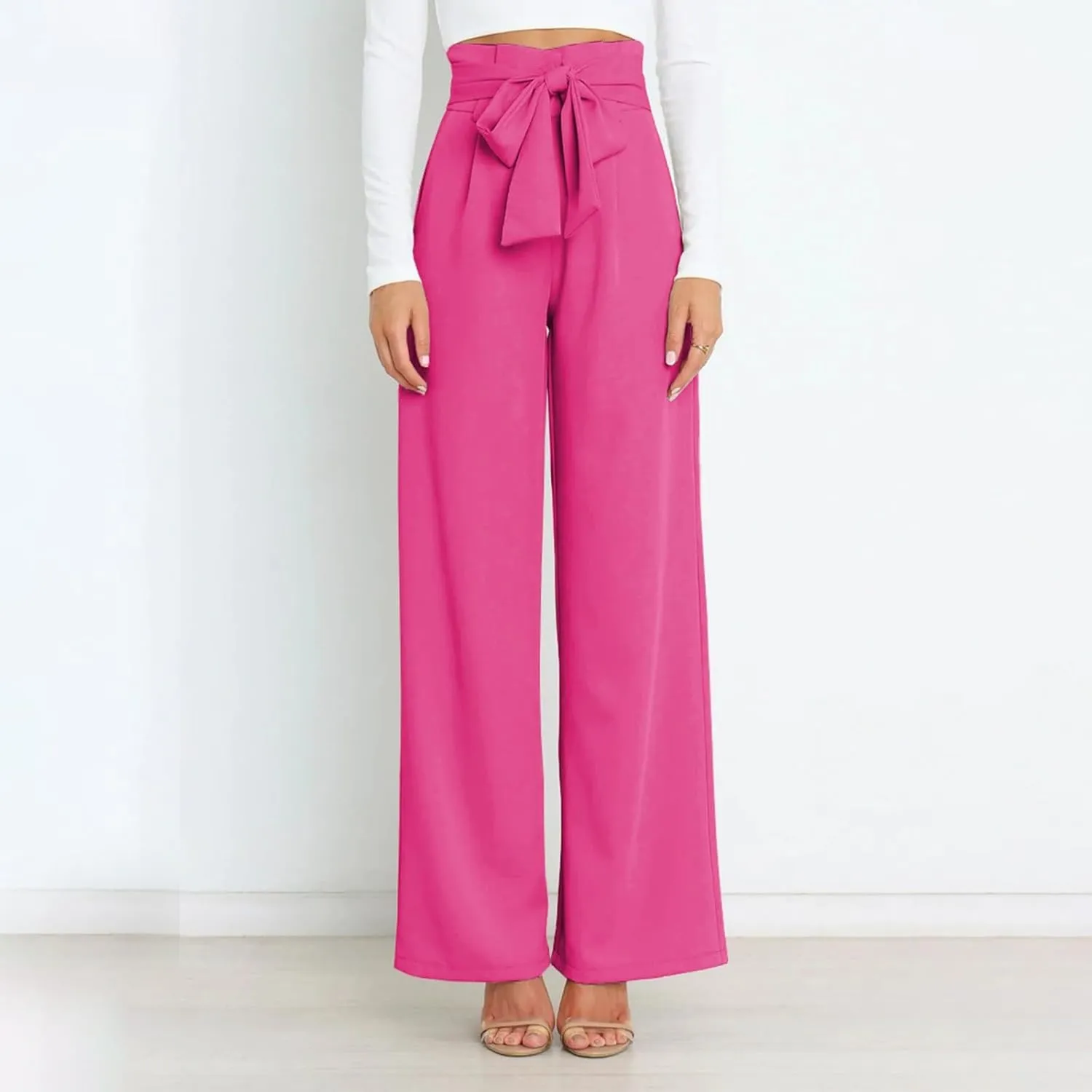 Womens High Waist Pants Business Casual Wide Leg Pants Solid Color Straight Leg Trousers Trendy Loose Cropped