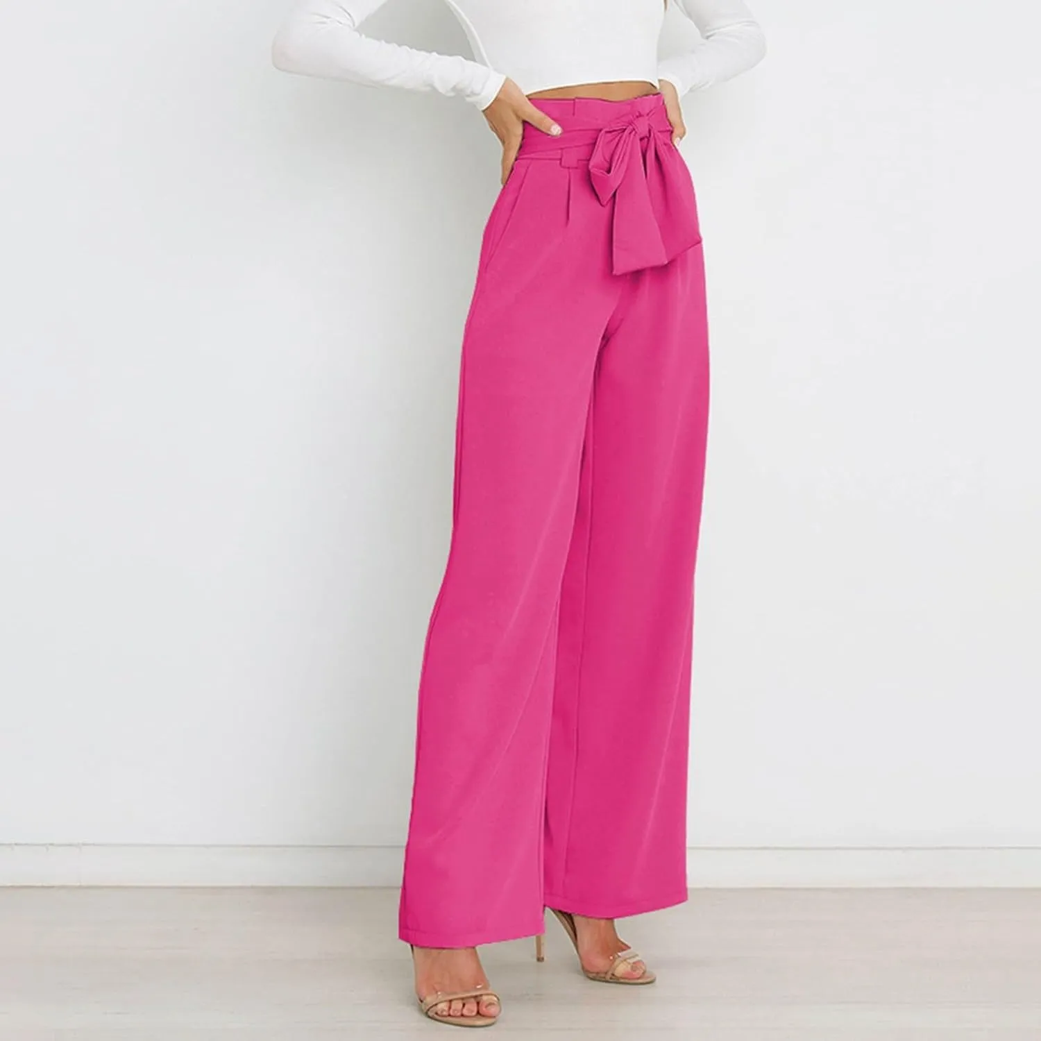 Womens High Waist Pants Business Casual Wide Leg Pants Solid Color Straight Leg Trousers Trendy Loose Cropped