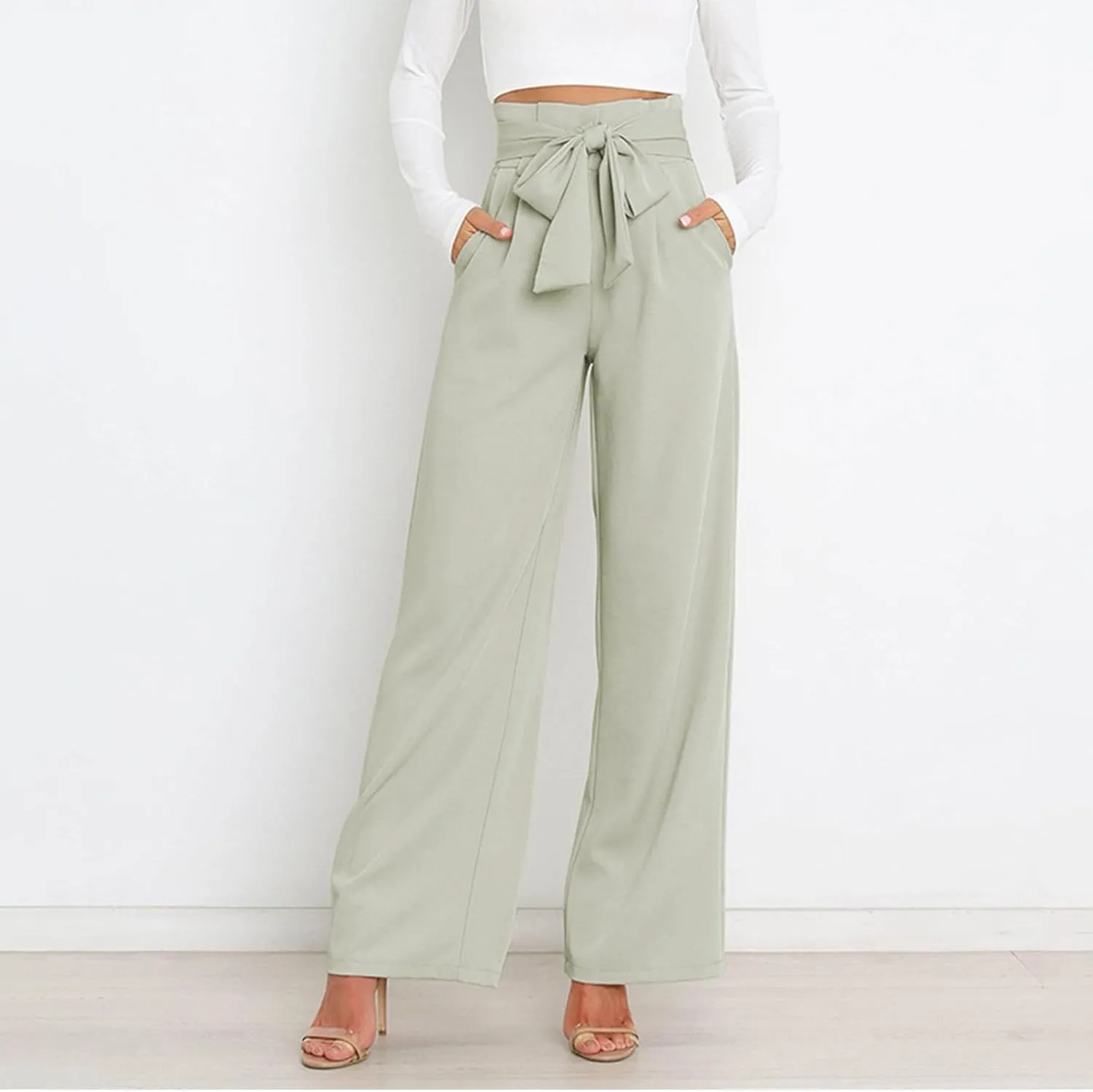 Womens High Waist Pants Business Casual Wide Leg Pants Solid Color Straight Leg Trousers Trendy Loose Cropped