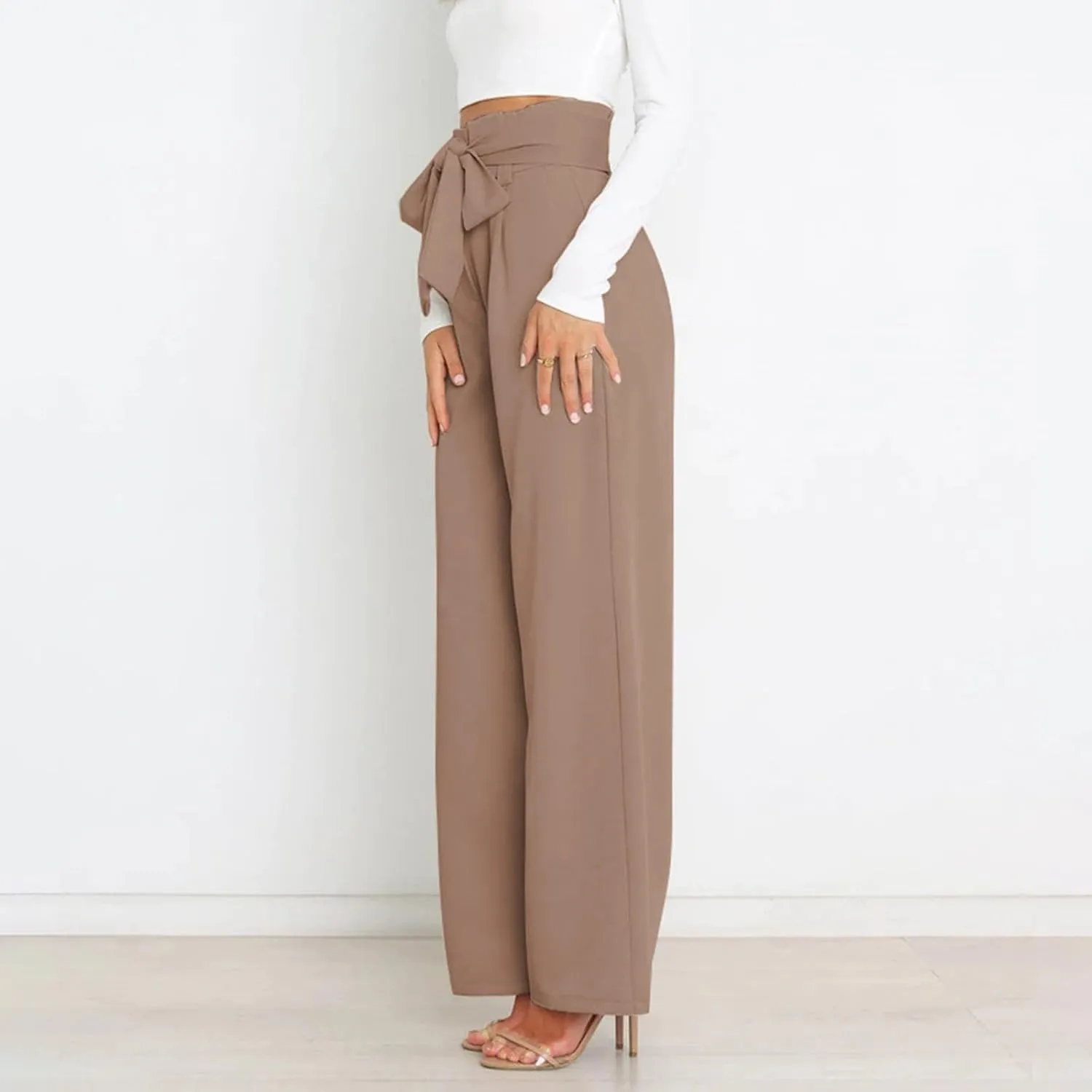 Womens High Waist Pants Business Casual Wide Leg Pants Solid Color Straight Leg Trousers Trendy Loose Cropped