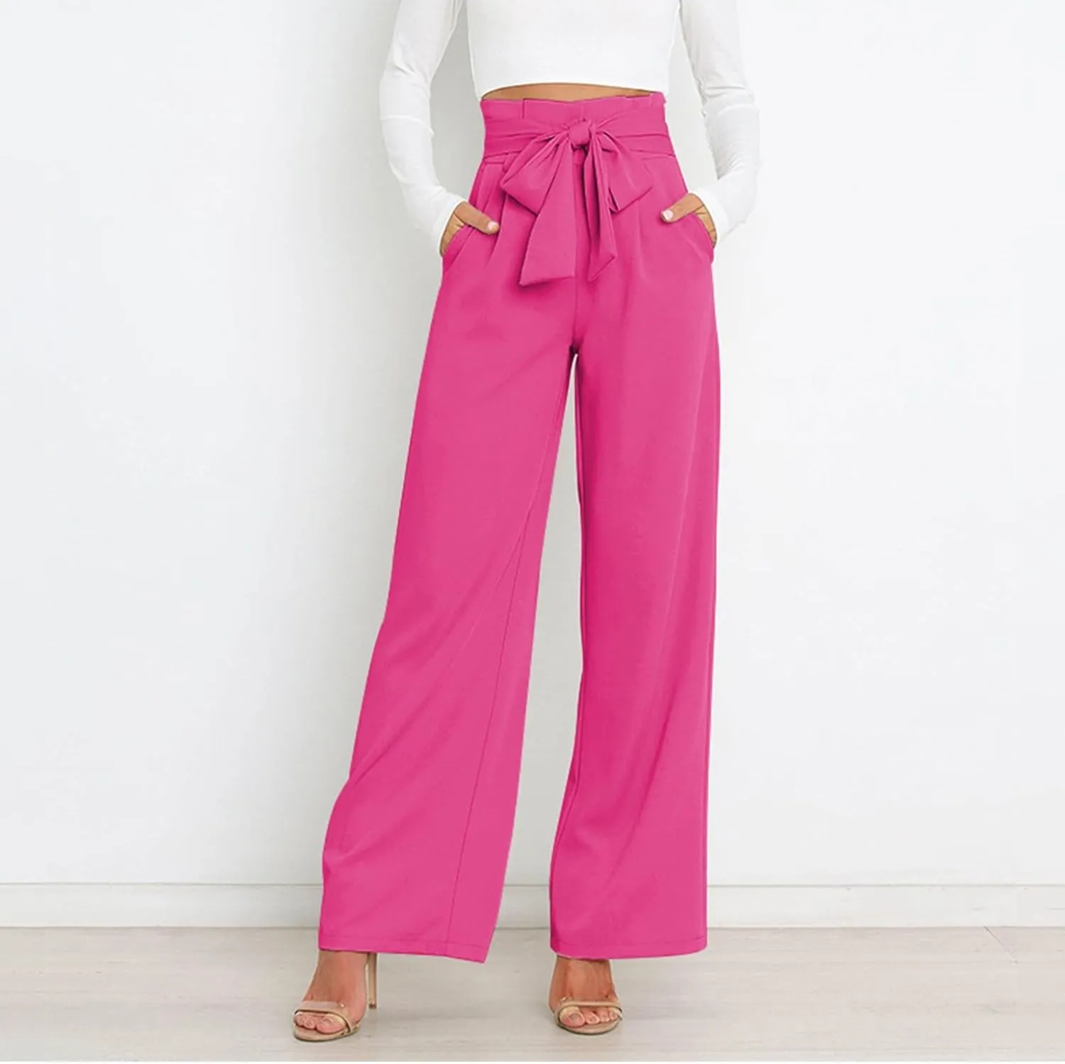 Womens High Waist Pants Business Casual Wide Leg Pants Solid Color Straight Leg Trousers Trendy Loose Cropped