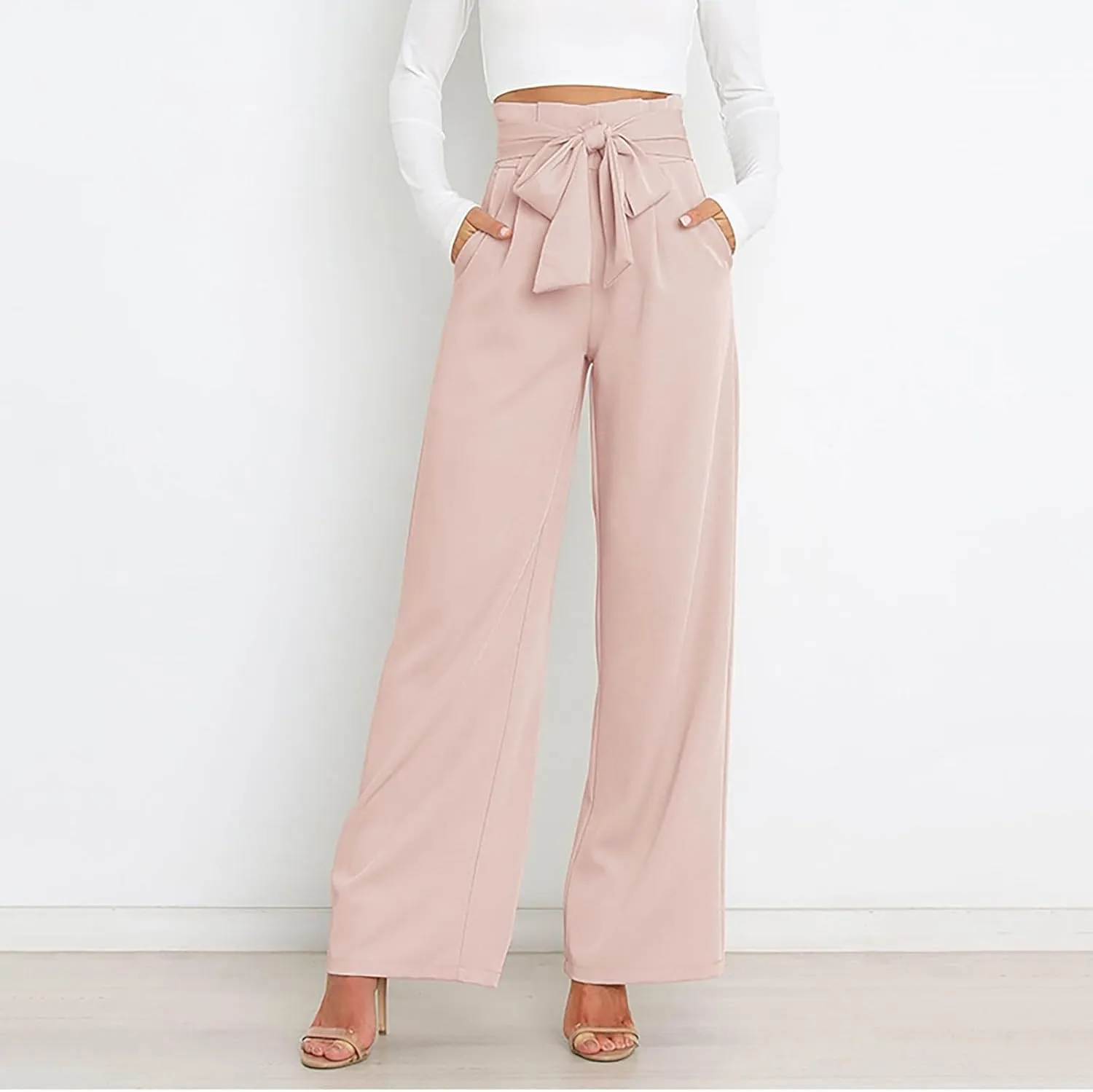 Womens High Waist Pants Business Casual Wide Leg Pants Solid Color Straight Leg Trousers Trendy Loose Cropped