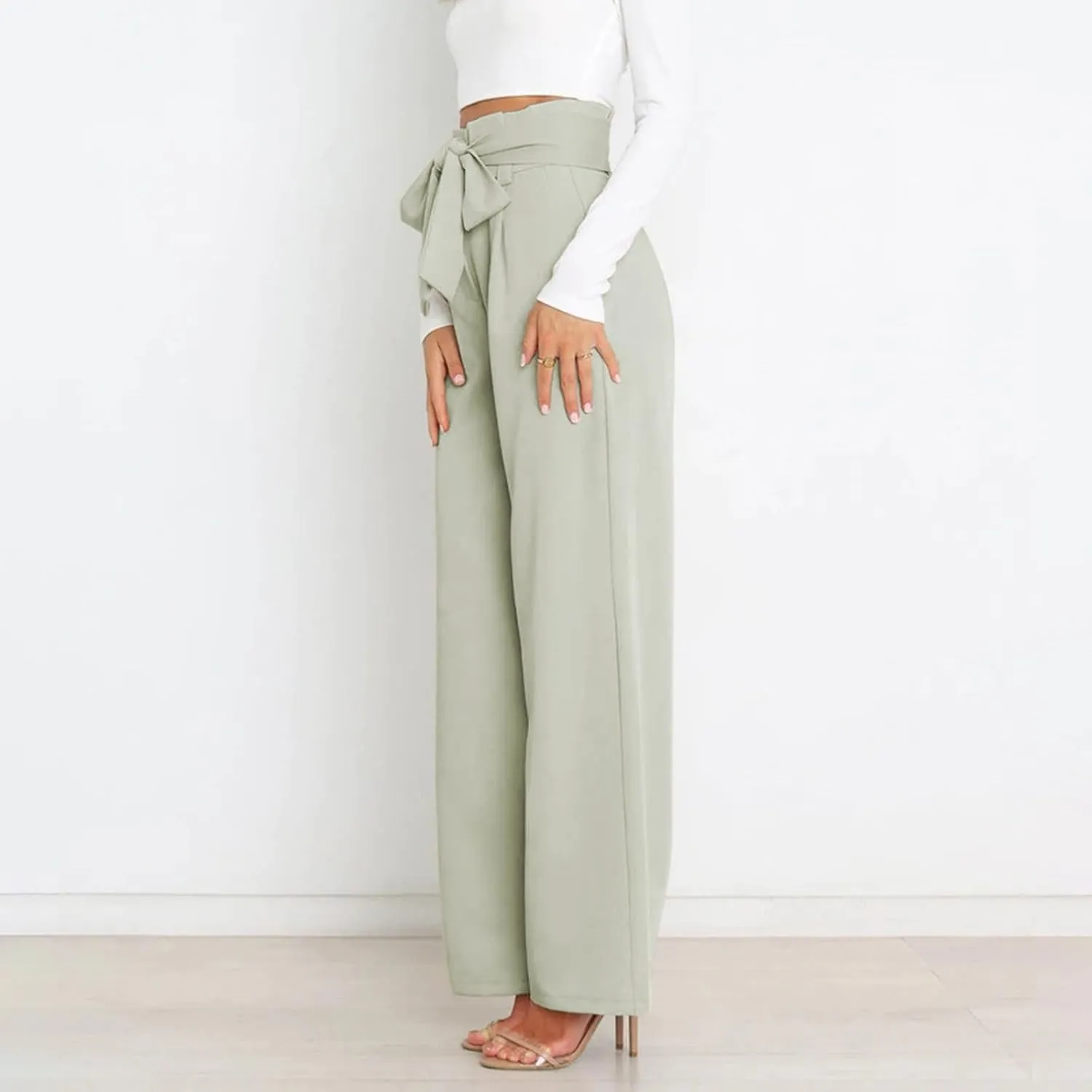 Womens High Waist Pants Business Casual Wide Leg Pants Solid Color Straight Leg Trousers Trendy Loose Cropped