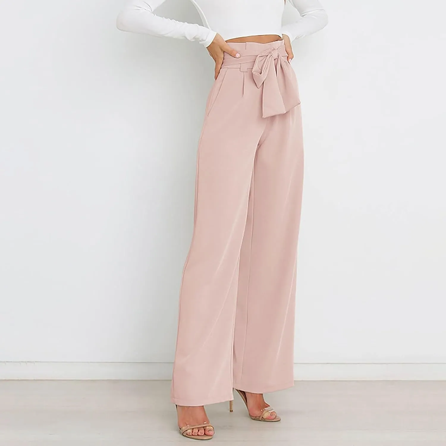 Womens High Waist Pants Business Casual Wide Leg Pants Solid Color Straight Leg Trousers Trendy Loose Cropped