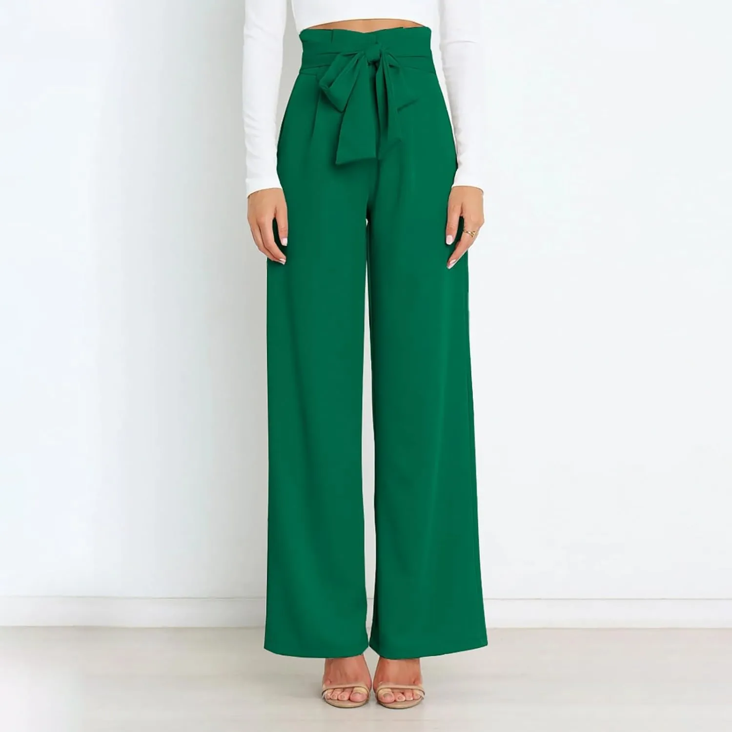 Womens High Waist Pants Business Casual Wide Leg Pants Solid Color Straight Leg Trousers Trendy Loose Cropped