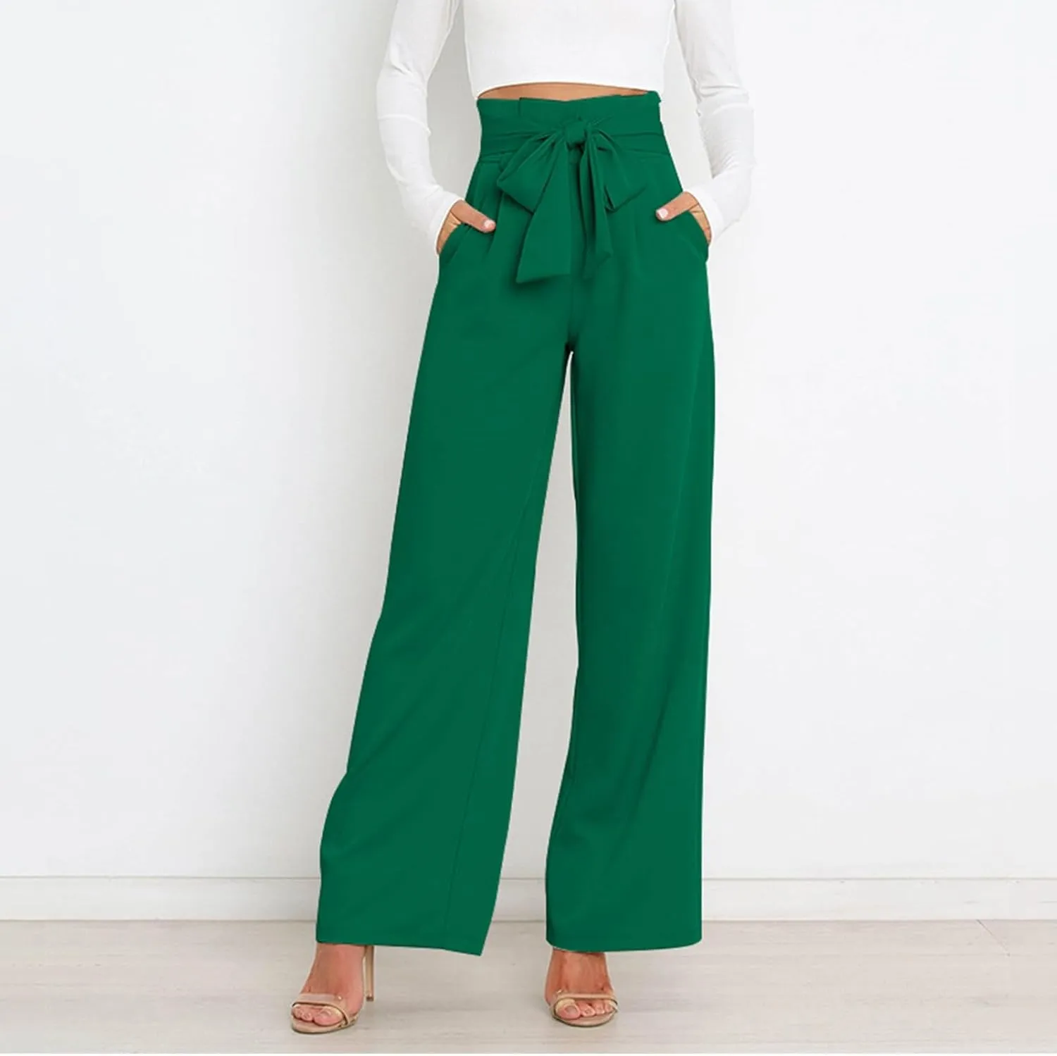 Womens High Waist Pants Business Casual Wide Leg Pants Solid Color Straight Leg Trousers Trendy Loose Cropped