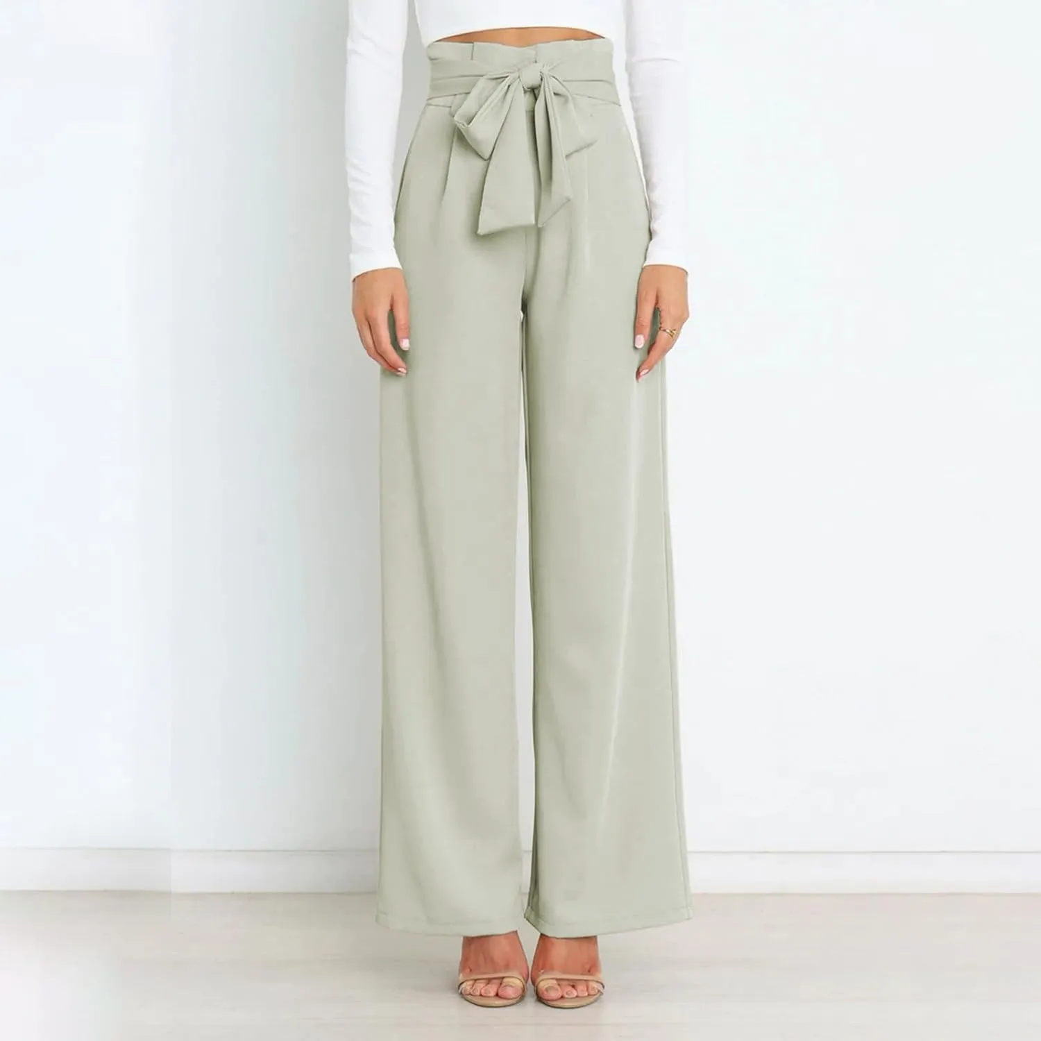 Womens High Waist Pants Business Casual Wide Leg Pants Solid Color Straight Leg Trousers Trendy Loose Cropped