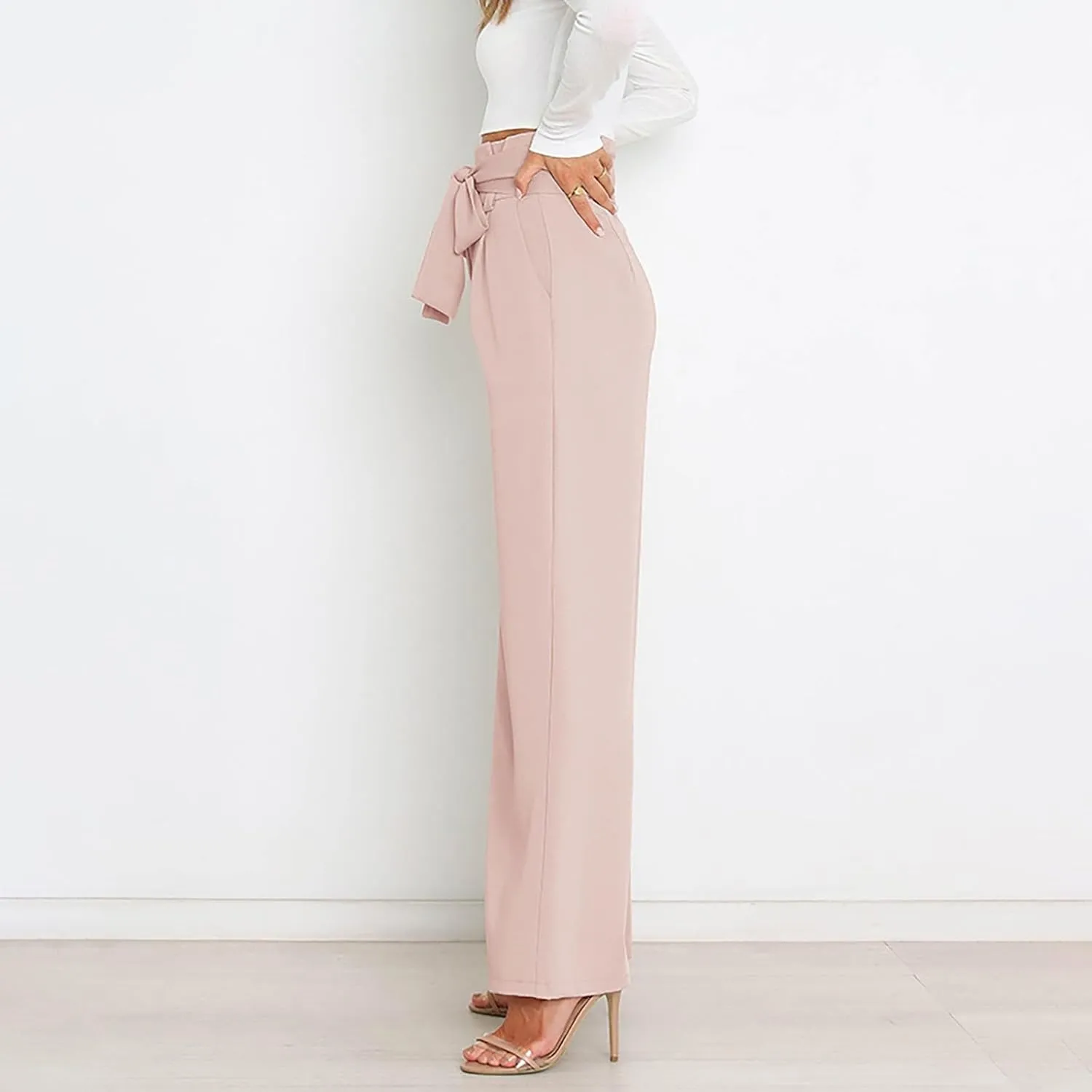 Womens High Waist Pants Business Casual Wide Leg Pants Solid Color Straight Leg Trousers Trendy Loose Cropped