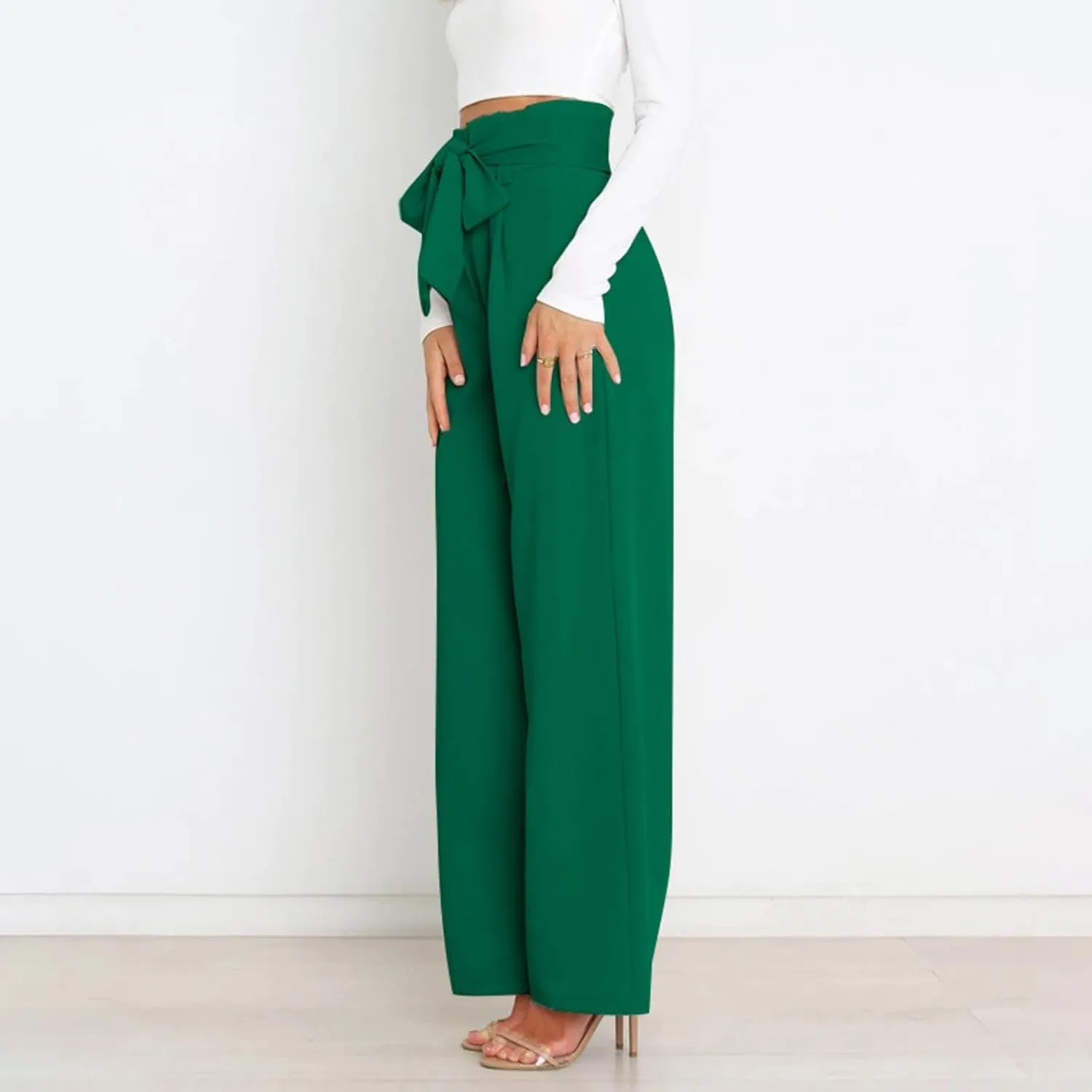 Womens High Waist Pants Business Casual Wide Leg Pants Solid Color Straight Leg Trousers Trendy Loose Cropped