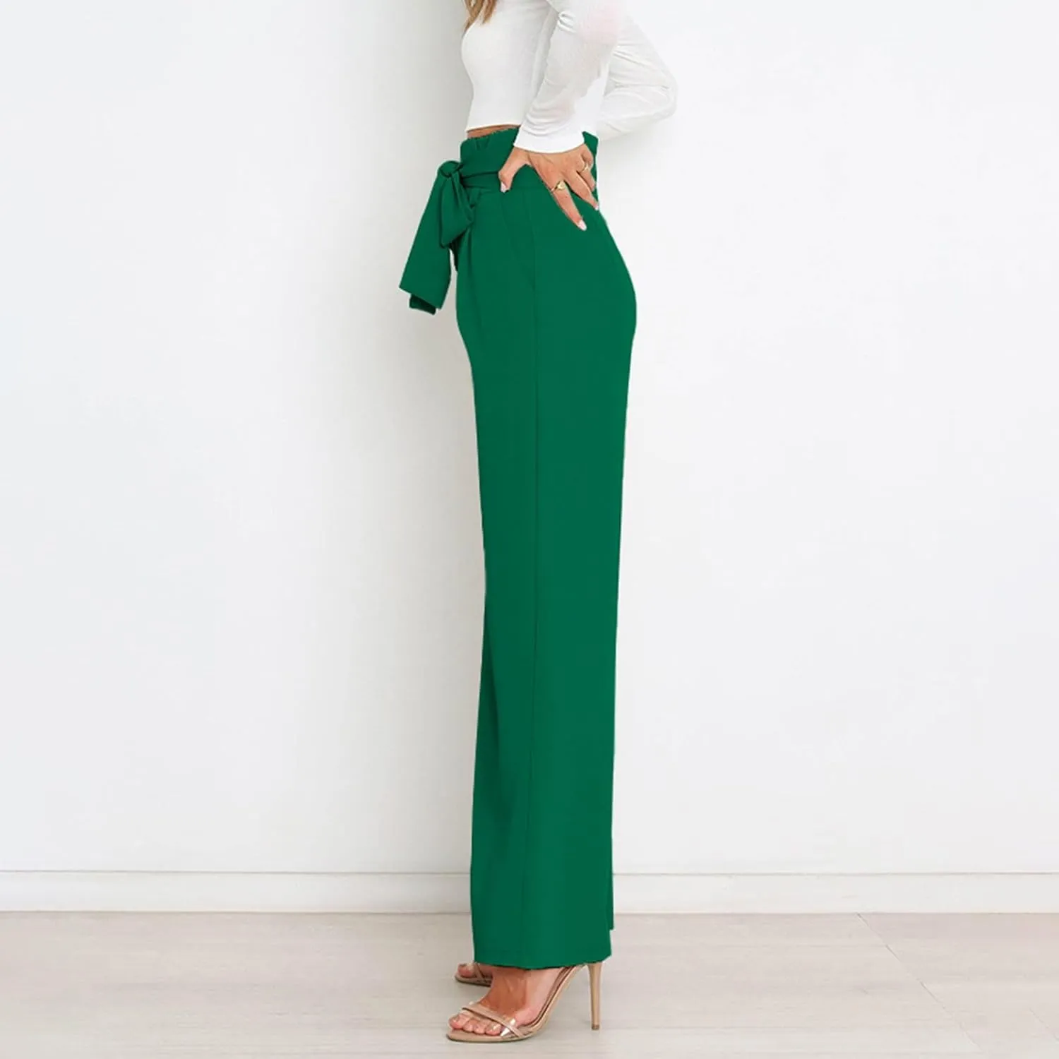 Womens High Waist Pants Business Casual Wide Leg Pants Solid Color Straight Leg Trousers Trendy Loose Cropped