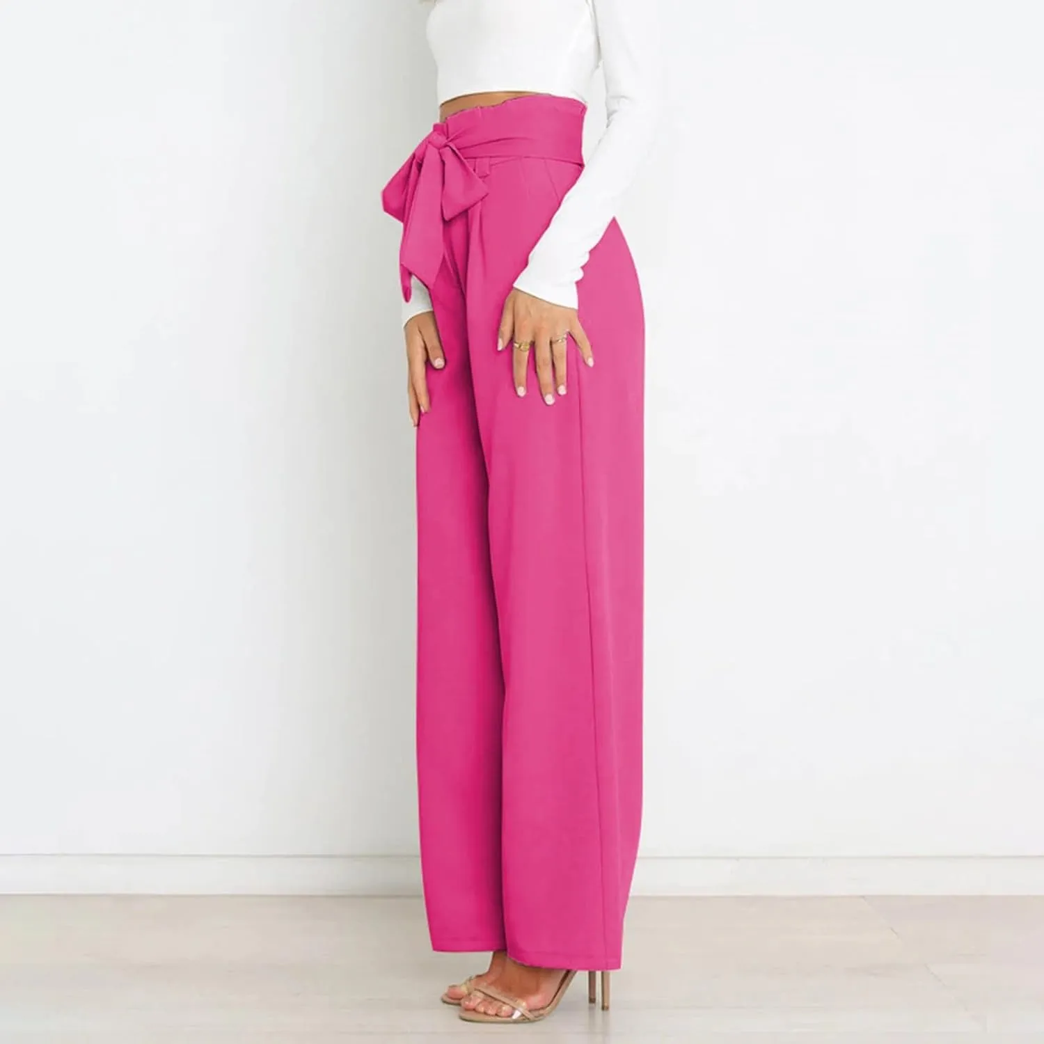 Womens High Waist Pants Business Casual Wide Leg Pants Solid Color Straight Leg Trousers Trendy Loose Cropped