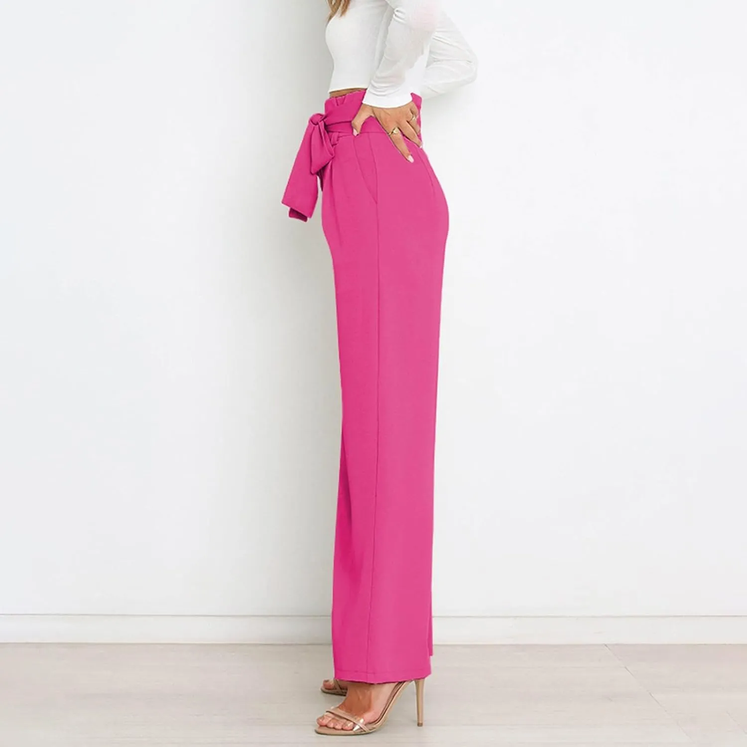Womens High Waist Pants Business Casual Wide Leg Pants Solid Color Straight Leg Trousers Trendy Loose Cropped
