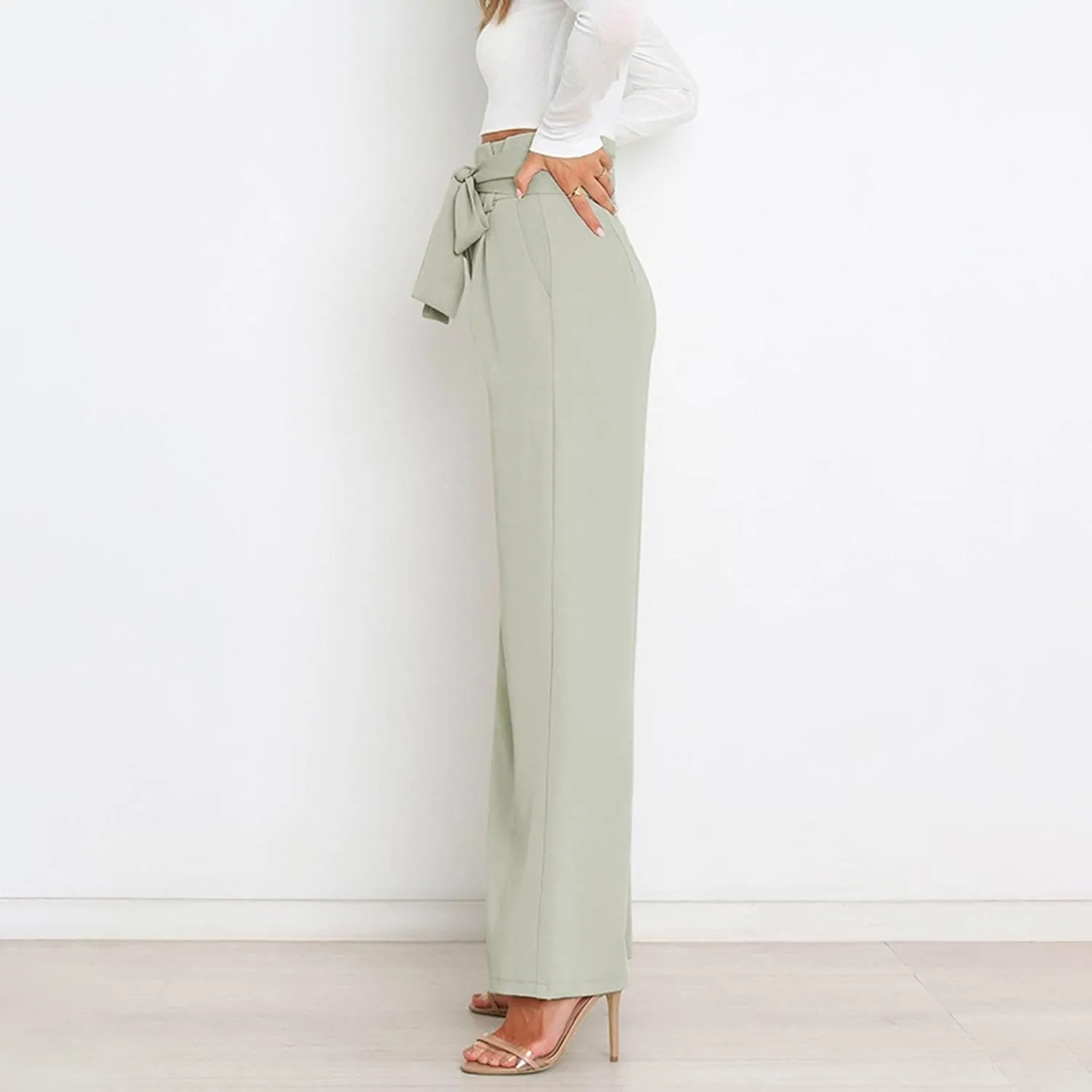 Womens High Waist Pants Business Casual Wide Leg Pants Solid Color Straight Leg Trousers Trendy Loose Cropped
