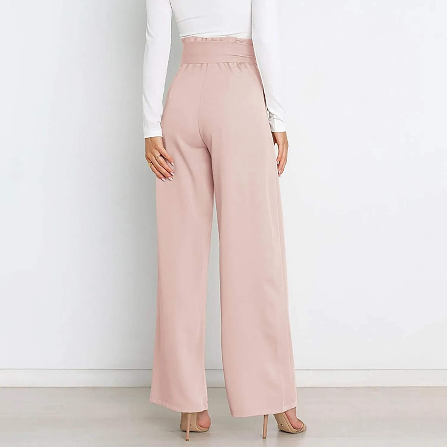 Womens High Waist Pants Business Casual Wide Leg Pants Solid Color Straight Leg Trousers Trendy Loose Cropped