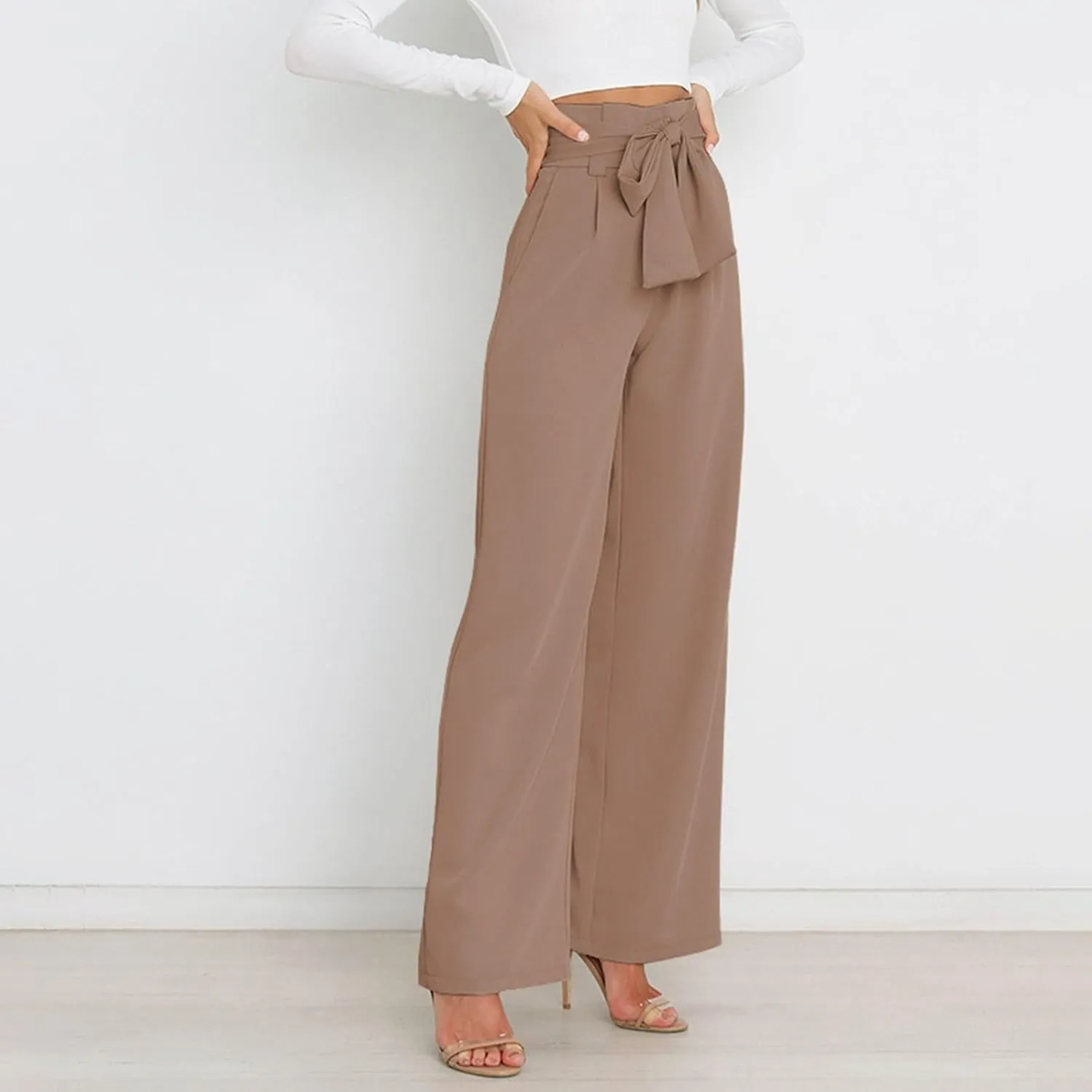 Womens High Waist Pants Business Casual Wide Leg Pants Solid Color Straight Leg Trousers Trendy Loose Cropped