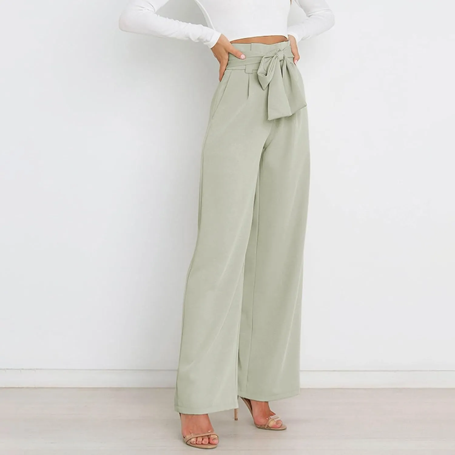 Womens High Waist Pants Business Casual Wide Leg Pants Solid Color Straight Leg Trousers Trendy Loose Cropped