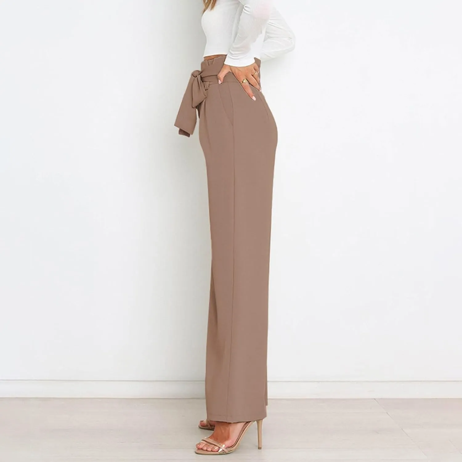 Womens High Waist Pants Business Casual Wide Leg Pants Solid Color Straight Leg Trousers Trendy Loose Cropped