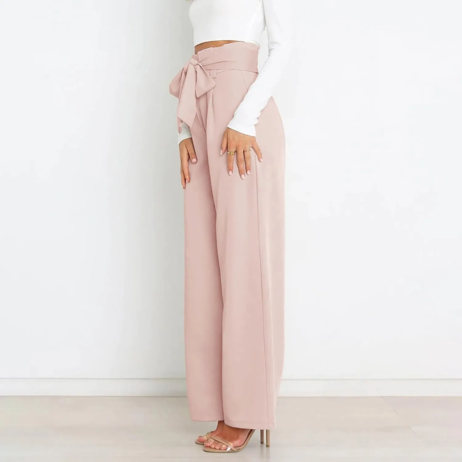 Womens High Waist Pants Business Casual Wide Leg Pants Solid Color Straight Leg Trousers Trendy Loose Cropped