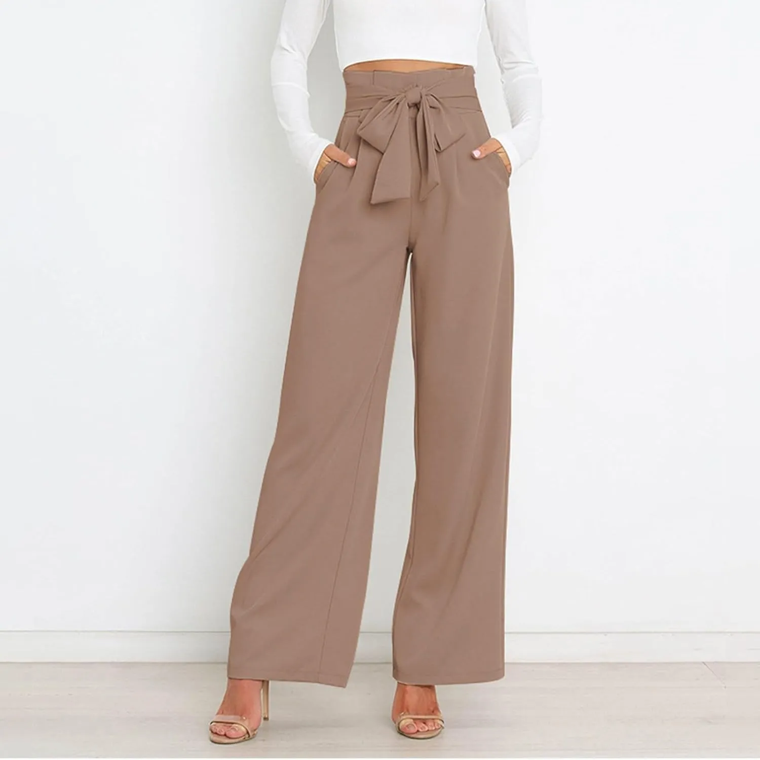 Womens High Waist Pants Business Casual Wide Leg Pants Solid Color Straight Leg Trousers Trendy Loose Cropped