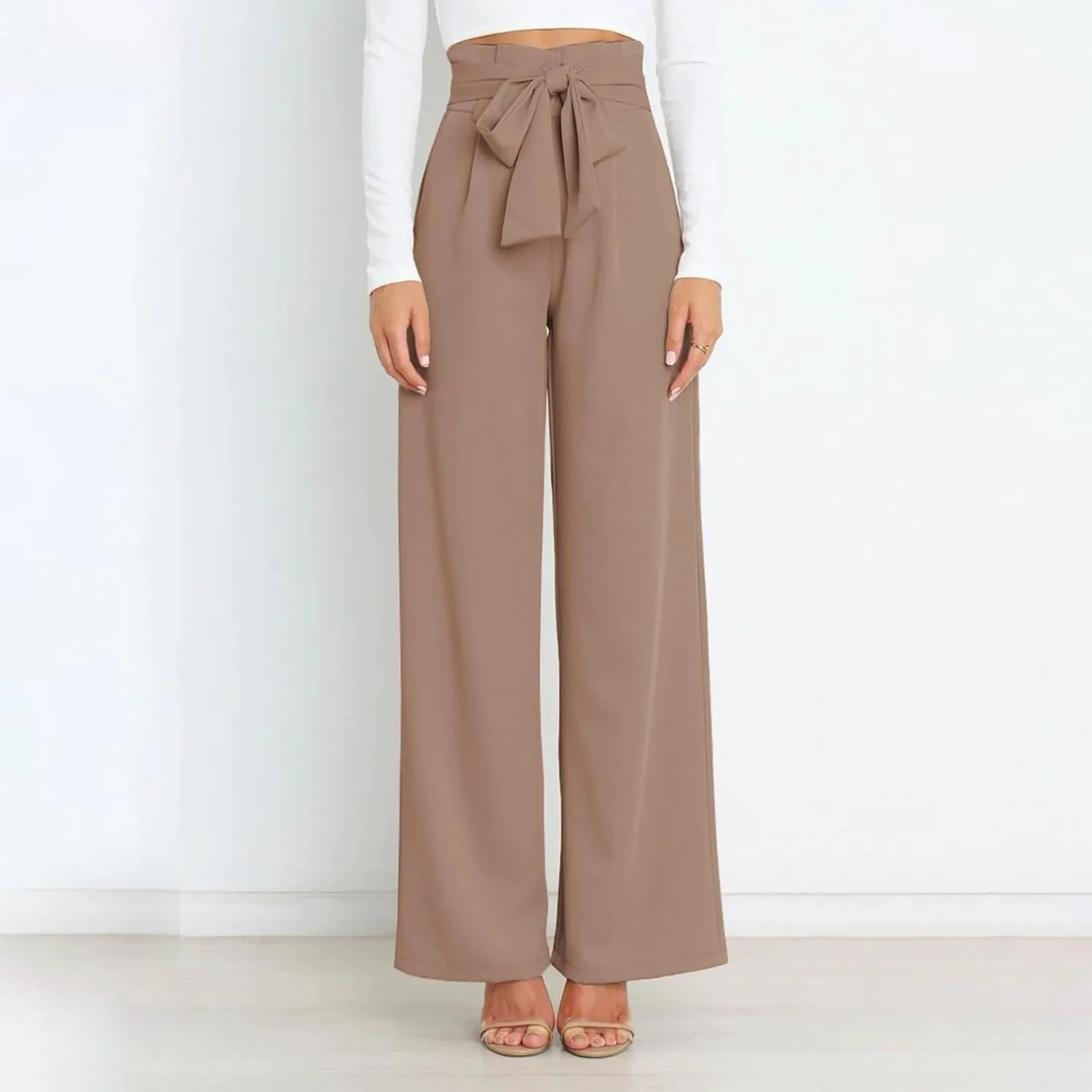 Womens High Waist Pants Business Casual Wide Leg Pants Solid Color Straight Leg Trousers Trendy Loose Cropped