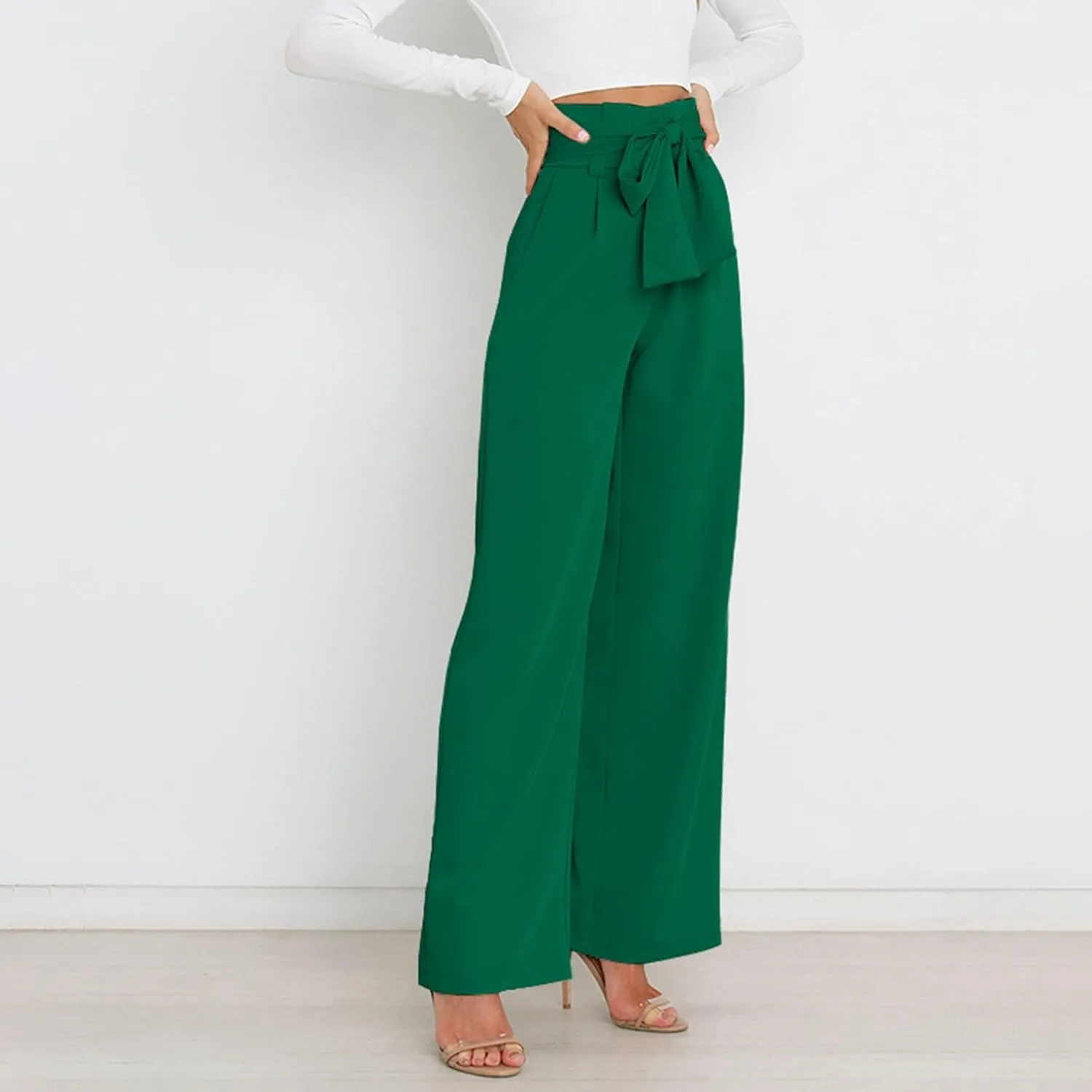 Womens High Waist Pants Business Casual Wide Leg Pants Solid Color Straight Leg Trousers Trendy Loose Cropped