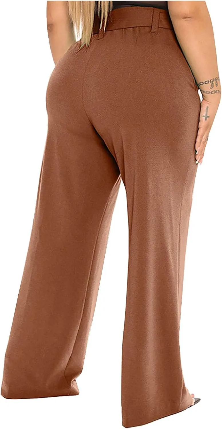 Women's High Waist Wide Leg Pants Casual Dressy Drawstring Palazzo Pant Relaxed Solid Straight Trousers with Pockets