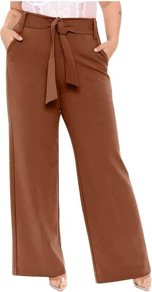 Women's High Waist Wide Leg Pants Casual Dressy Drawstring Palazzo Pant Relaxed Solid Straight Trousers with Pockets