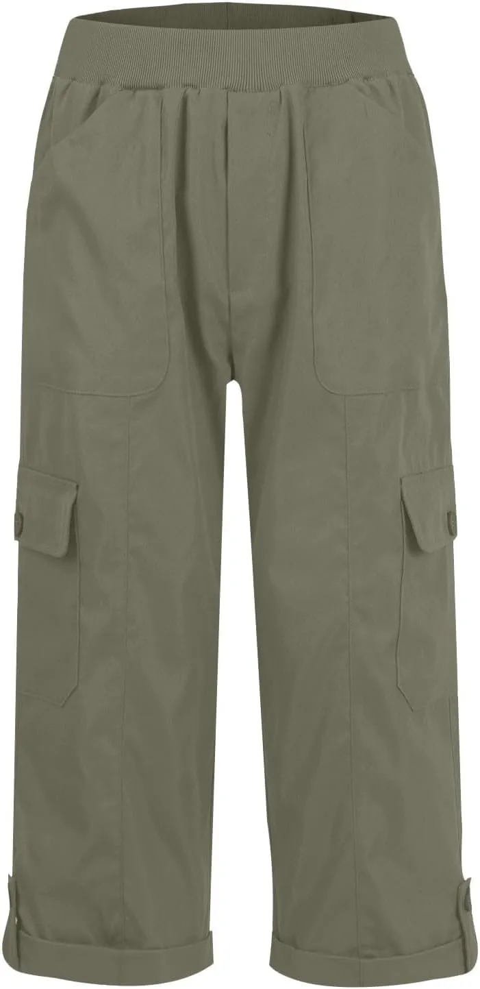 Womens Hiking Cargo Pants Loose Fit Elastic Waisted Pull On Capris Pants Baggy Trousers with Pockets