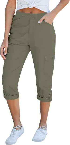 Womens Hiking Cargo Pants Loose Fit Elastic Waisted Pull On Capris Pants Baggy Trousers with Pockets