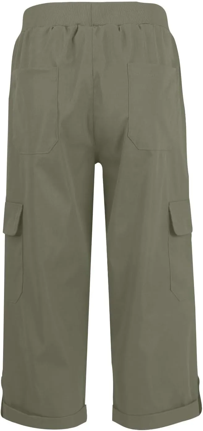 Womens Hiking Cargo Pants Loose Fit Elastic Waisted Pull On Capris Pants Baggy Trousers with Pockets