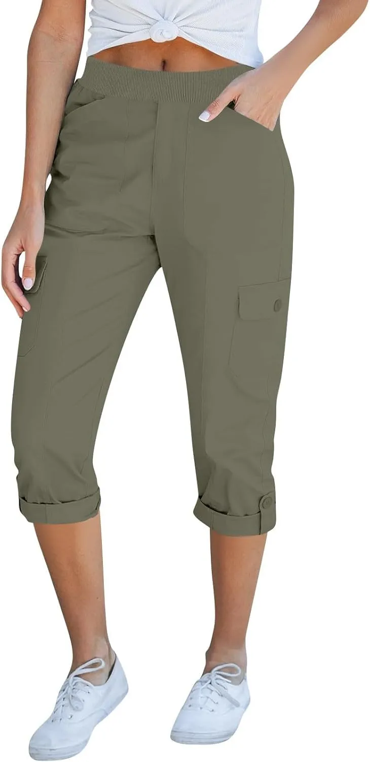 Womens Hiking Cargo Pants Loose Fit Elastic Waisted Pull On Capris Pants Baggy Trousers with Pockets
