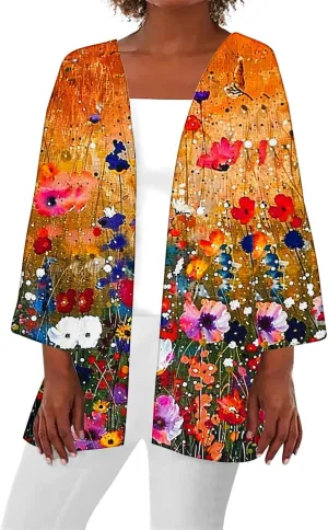 Women's Kimono Cardigan Floral Print Beach Cover Ups 3/4 Sleeve Boho Casual Open Front Tops Hawaii Vacation Outfits