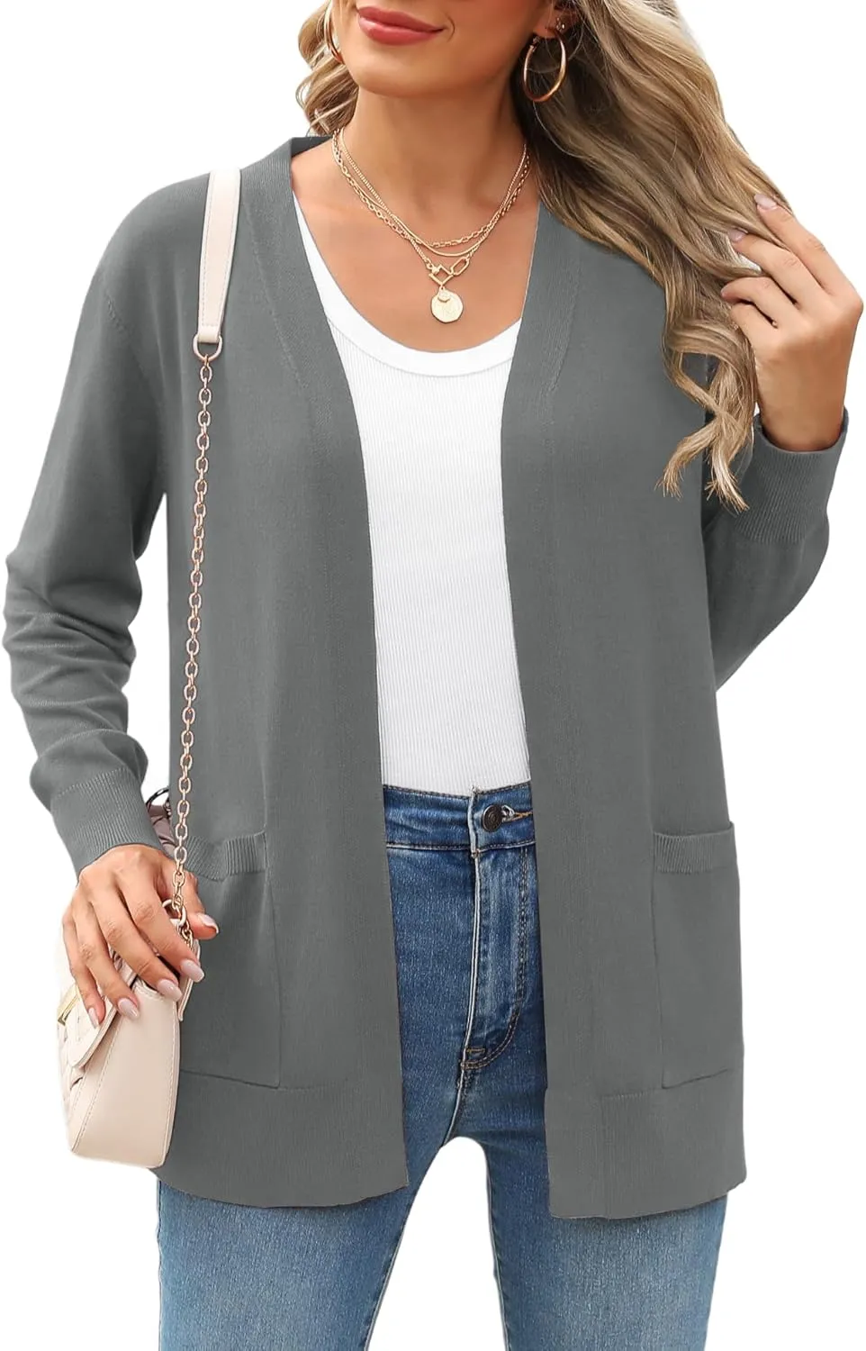 Women's Knit Soft Cardigan Sweaters Dressy Casual Lightweight Long Sleeve Open Front Cardigans Jacket with Pockets