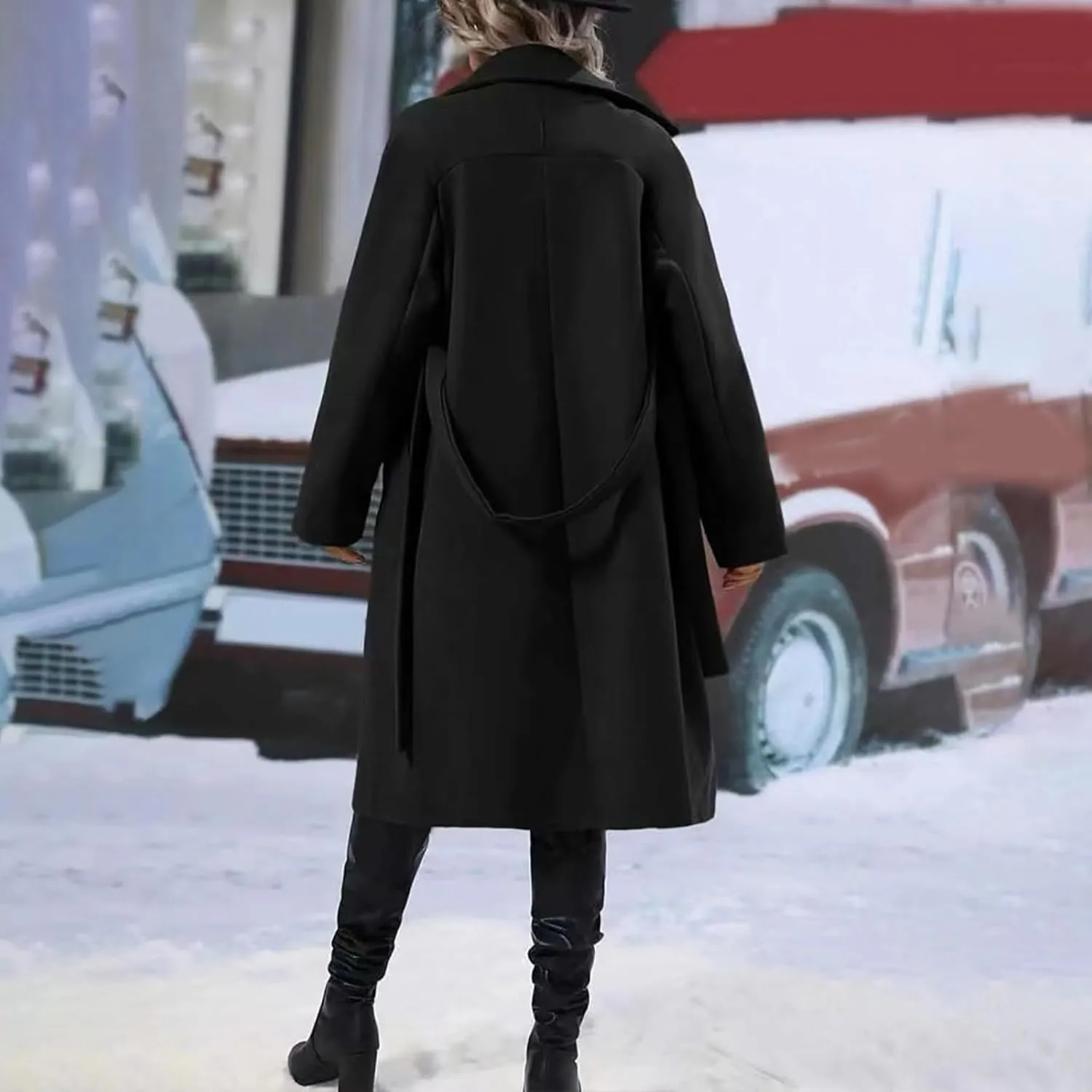 Women's Lapel Collar Double Breasted Wool Blend Coats Winter Pea Overcoat Pocketed Outwear with Belt