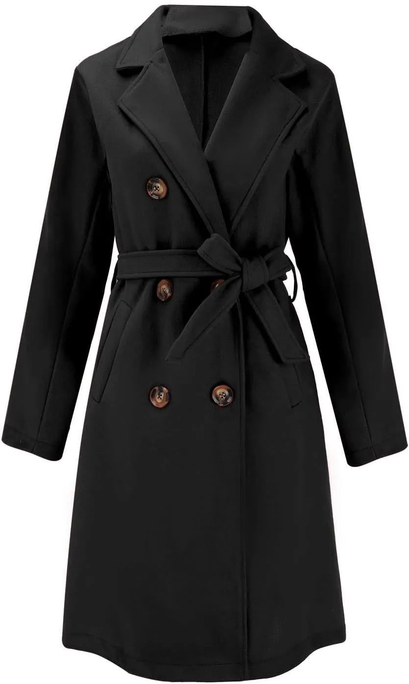 Women's Lapel Collar Double Breasted Wool Blend Coats Winter Pea Overcoat Pocketed Outwear with Belt
