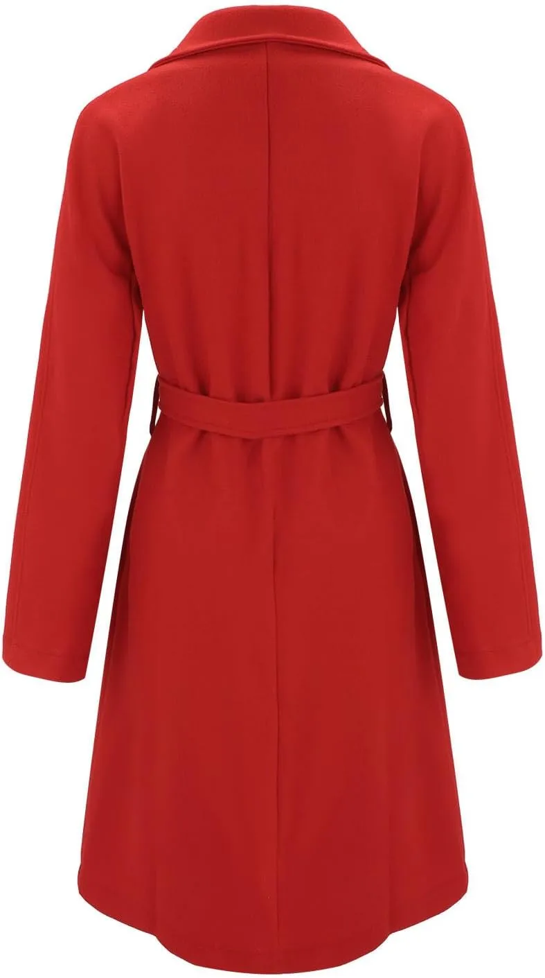 Women's Lapel Collar Double Breasted Wool Blend Coats Winter Pea Overcoat Pocketed Outwear with Belt