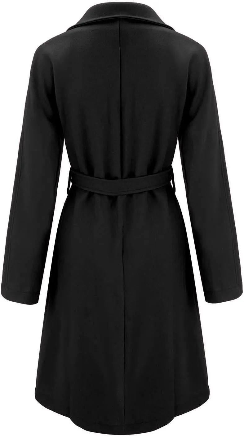 Women's Lapel Collar Double Breasted Wool Blend Coats Winter Pea Overcoat Pocketed Outwear with Belt