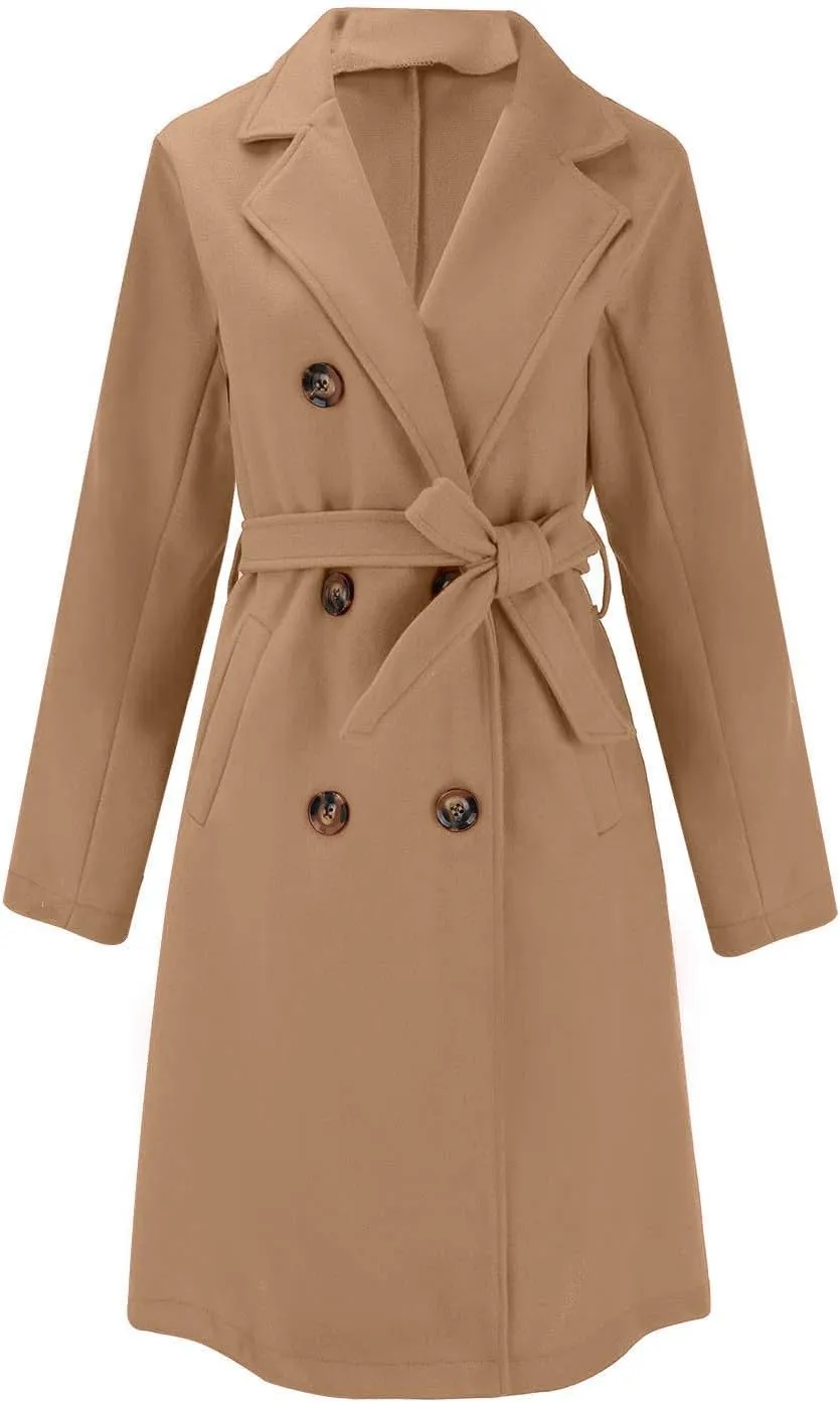 Women's Lapel Collar Double Breasted Wool Blend Coats Winter Pea Overcoat Pocketed Outwear with Belt