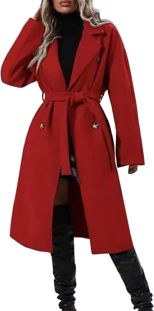 Women's Lapel Collar Double Breasted Wool Blend Coats Winter Pea Overcoat Pocketed Outwear with Belt