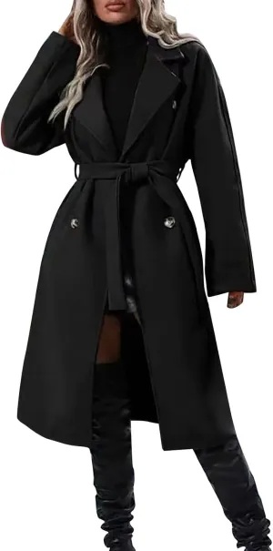 Women's Lapel Collar Double Breasted Wool Blend Coats Winter Pea Overcoat Pocketed Outwear with Belt